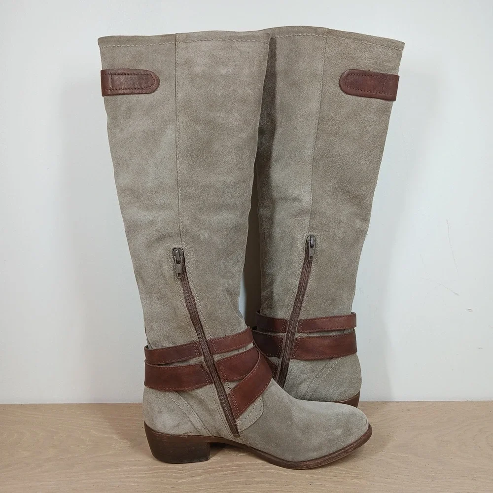 Aldo Knee High Boots Womens 6 Gray Suede Leather Buckle Riding Boho Casual
